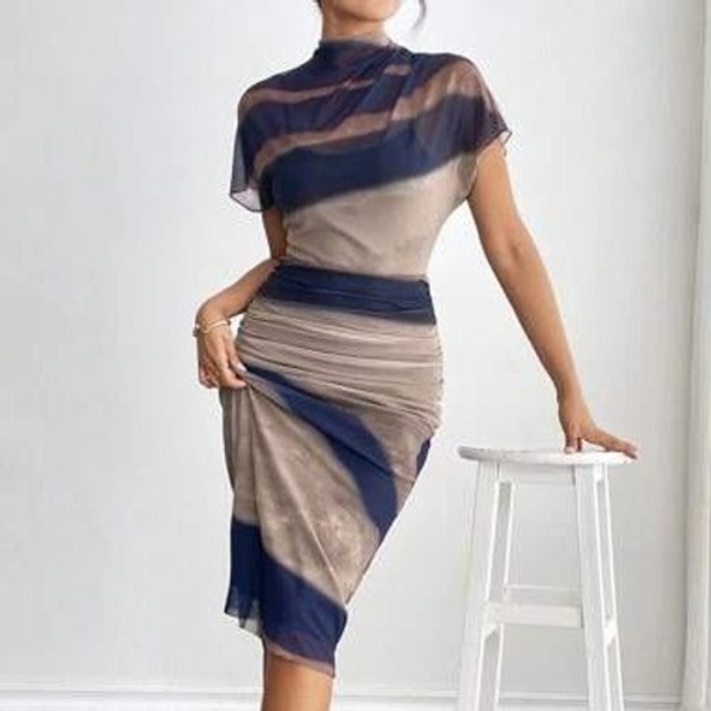 Abstract Tie Dye Mesh Midi Dress‎ Women Medium Blue Ruched Sheer Overlay